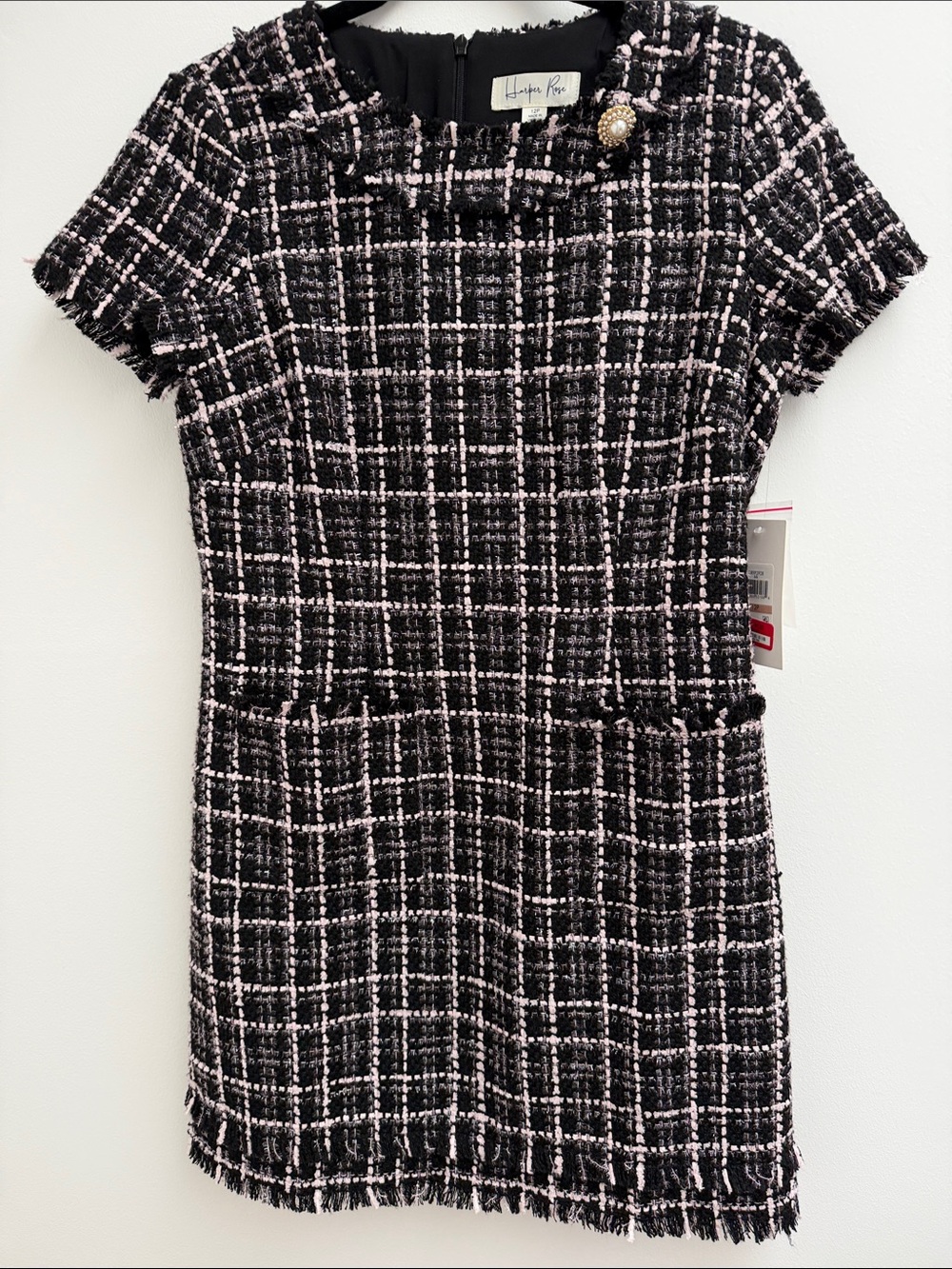 Harper Black and Pink Tweed Sheath Dress with Brooch Detail